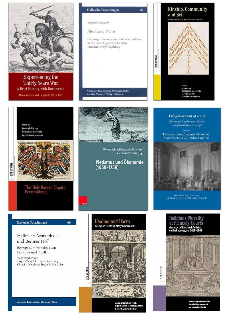 Covers of nine books authored or contributed to by Ben Marschke